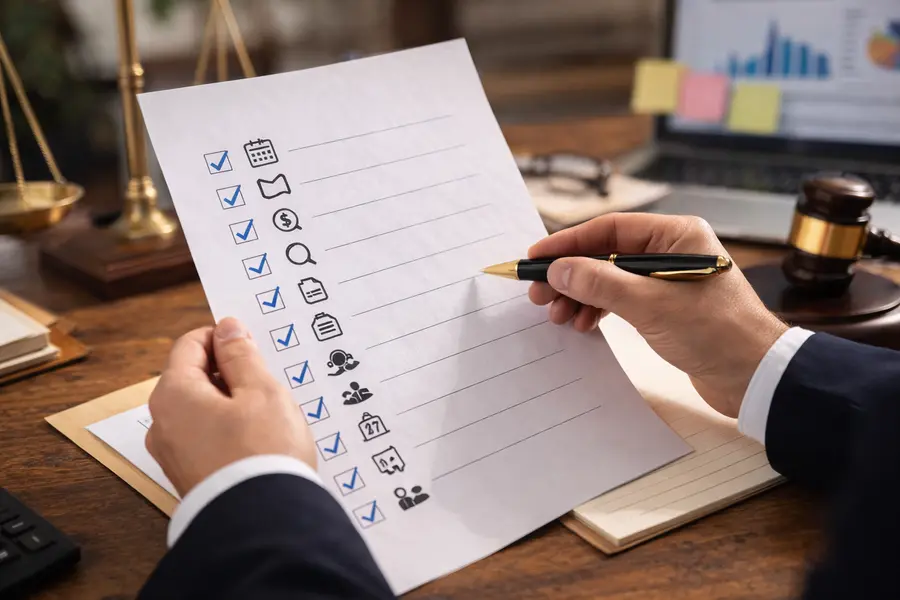 Checklist illustrating tasks law firms should outsource, shown with icons and legal workspace elements