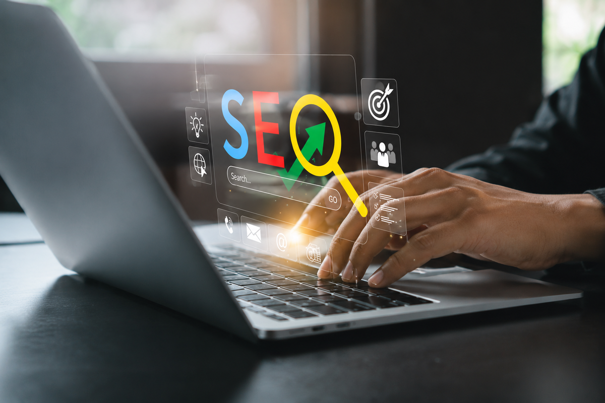 Person typing on a laptop with an SEO digital interface representing Enlaze Communications’ SEO support for U.S. law firm websites.