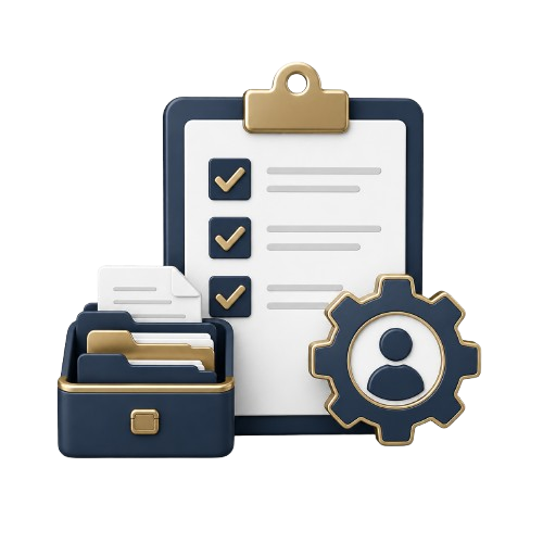 Administrative operations icon with checklist, files, and settings representing daily law firm support
