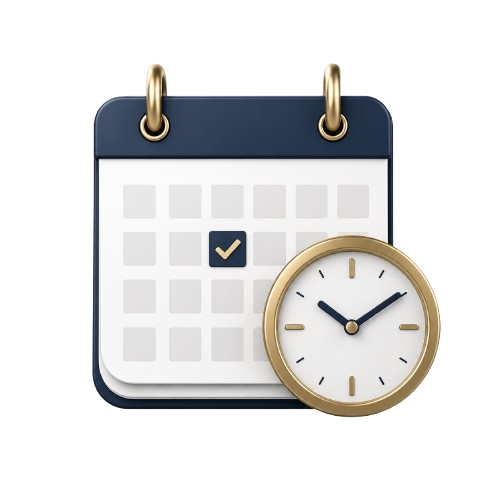 Calendar and clock icon representing appointment scheduling and calendar management support for law firms
