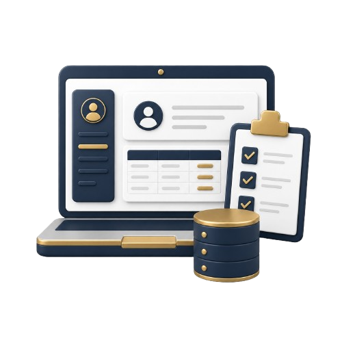 Laptop and CRM dashboard icon representing data entry and client record updates for law firms