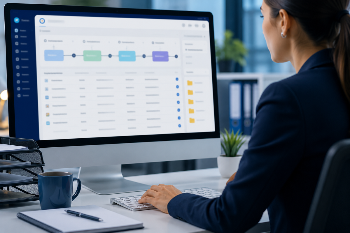 Immigration case preparation professional reviewing an organized electronic case workflow