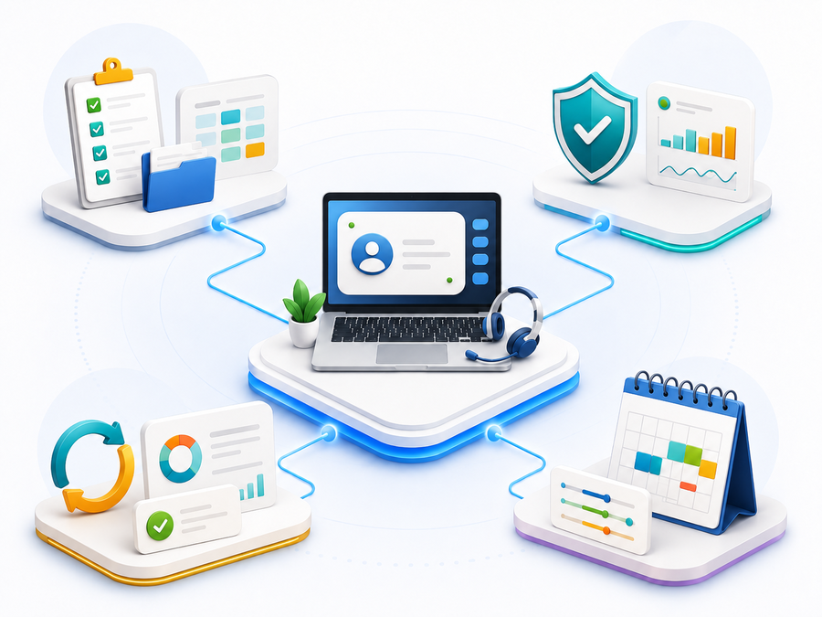 Managed virtual administrative assistant support model showing a dedicated workstation connected to supervision, workflows, performance tracking, and flexible scheduling.