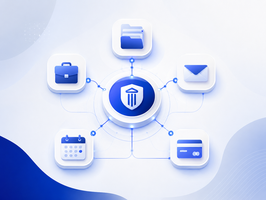 Abstract illustration of a virtual legal assistant connecting law firm case management, communication, scheduling, document, and payment workflows